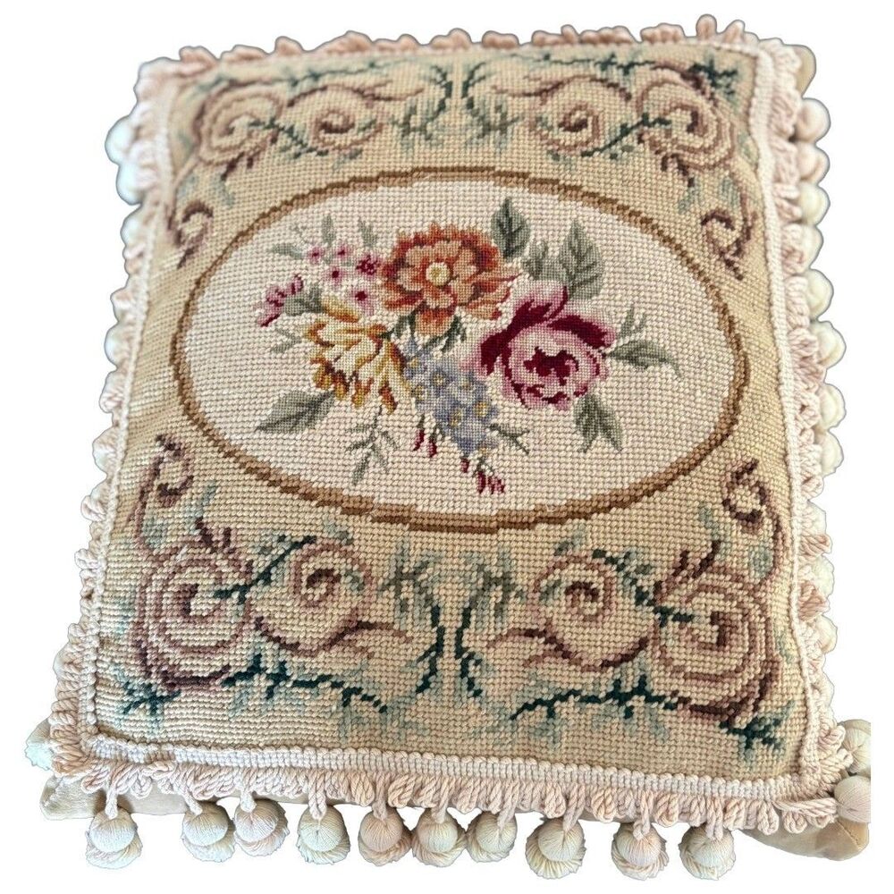 Vintage Needlepoint Floral Wool Pillow 14x16 Down Insert Tassels Cottage Granny